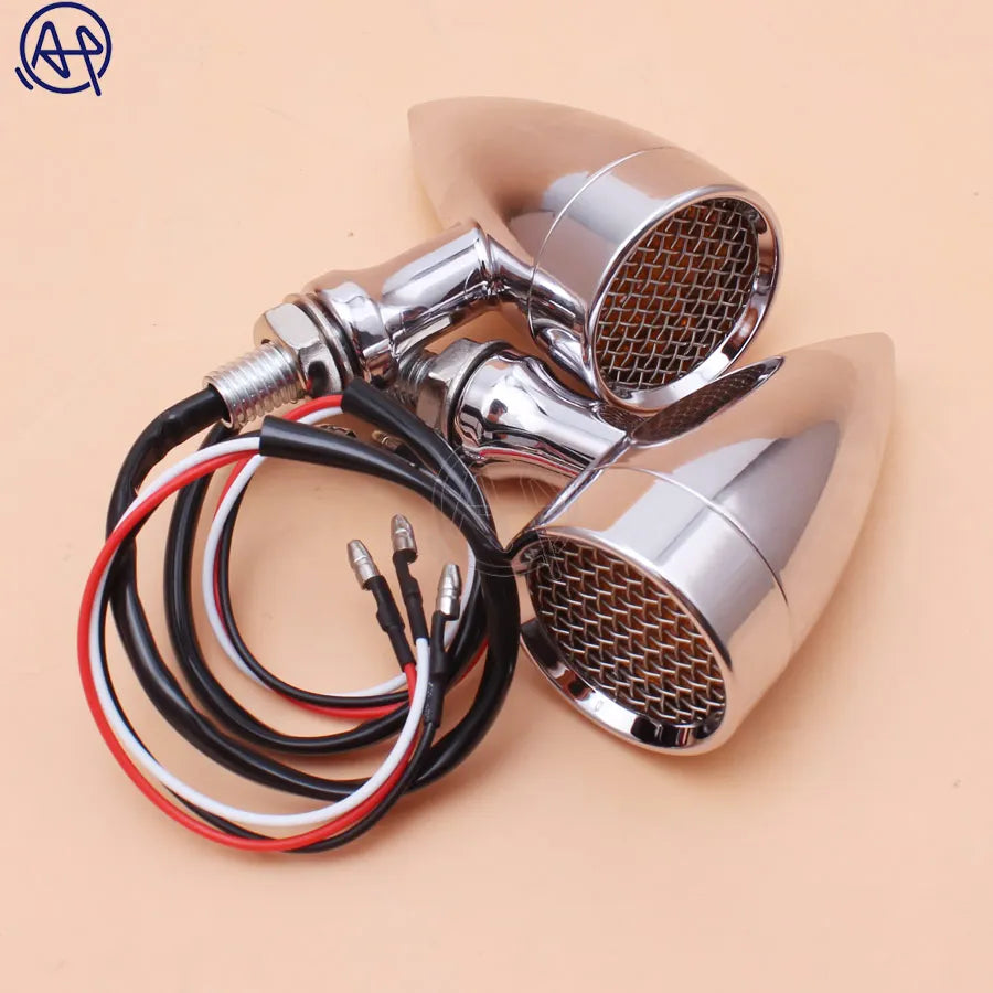 Black/Chrome Motorcycle 12V Amber Mesh Lens LED Turn Signal Brake Light 10mm Aluminum Housing For Chopper Bobber Cafe Racer