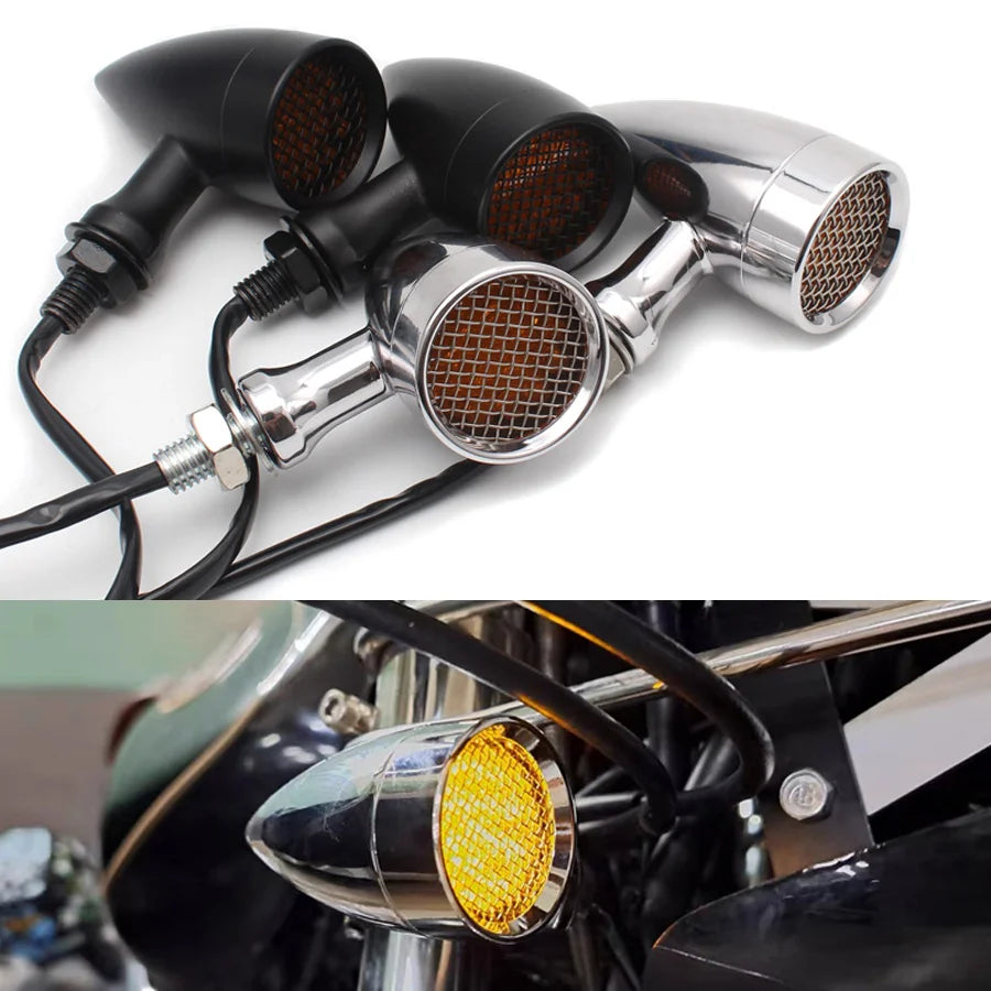 Black/Chrome Motorcycle 12V Amber Mesh Lens LED Turn Signal Brake Light 10mm Aluminum Housing For Chopper Bobber Cafe Racer
