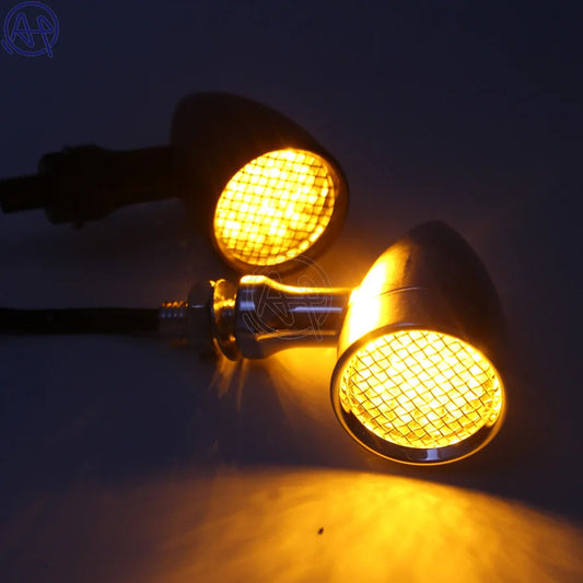 Black/Chrome Motorcycle 12V Amber Mesh Lens LED Turn Signal Brake Light 10mm Aluminum Housing For Chopper Bobber Cafe Racer